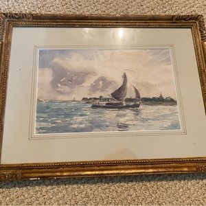 Antique seascape ship sailboat original watercolor in gold frame